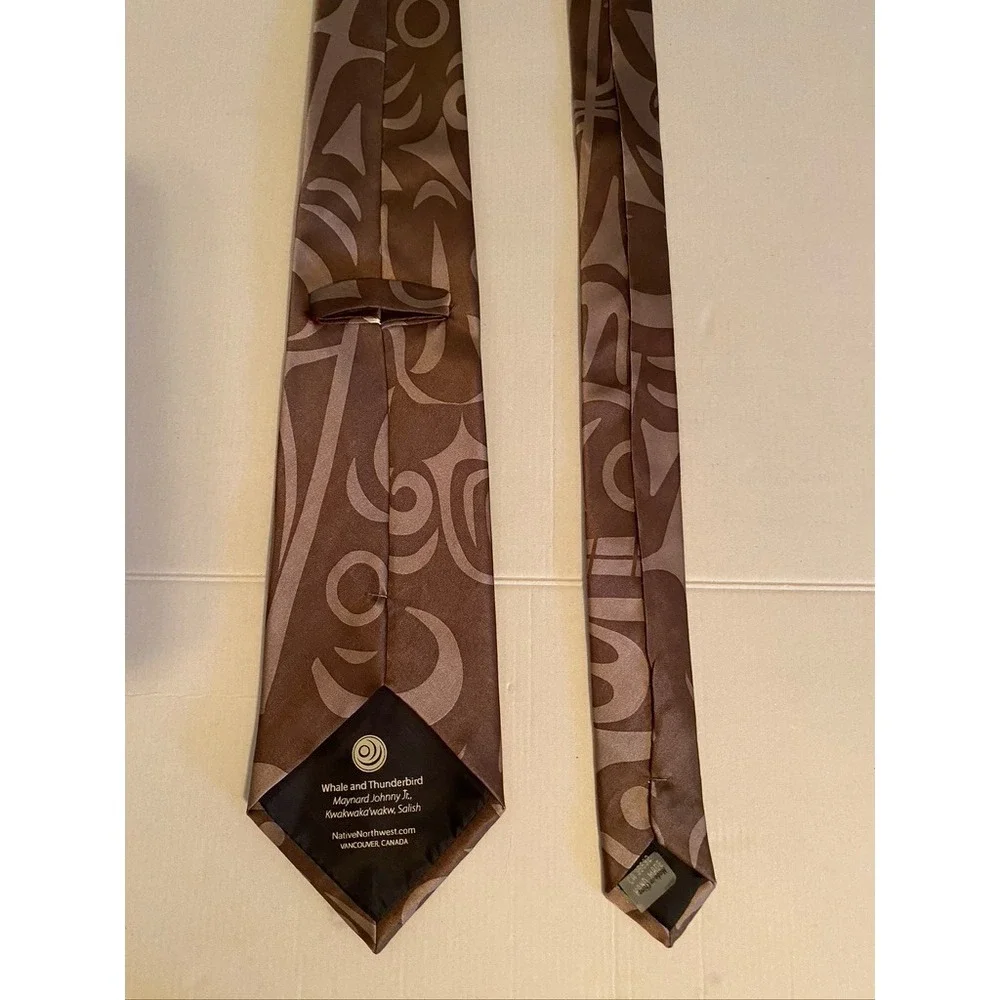 Native Northwest Whale and Thunderbird Brown Silk Tie Maynard Johnny Jr Salish